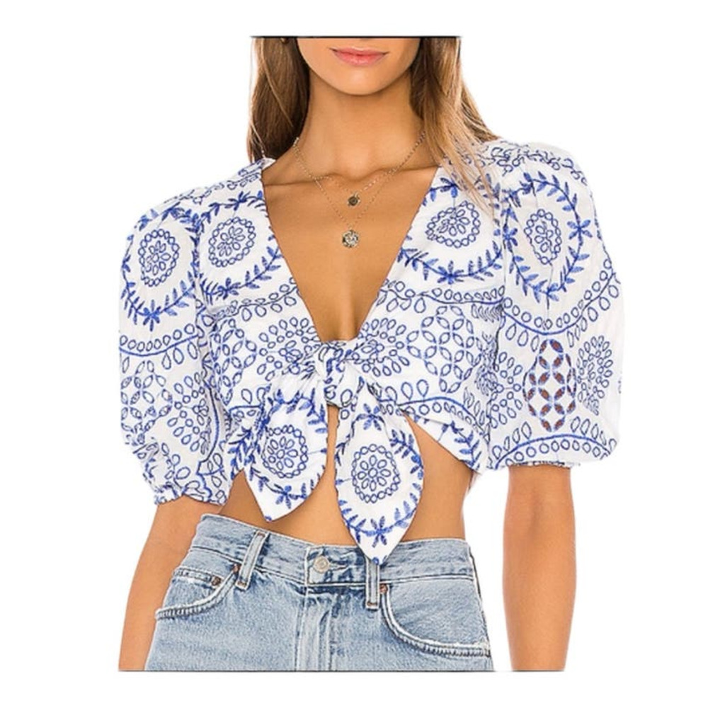 Lovers + Friends Top White Blue Embroidery Short Puff Sleeves VNeck Front Tie